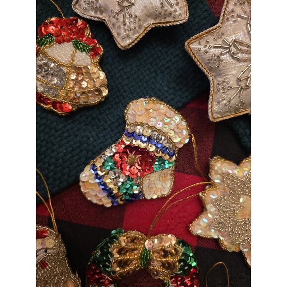 Vintage Christmas Ornaments Sequined & Beaded Handmade Set Of 14 - Picture 9 of 14